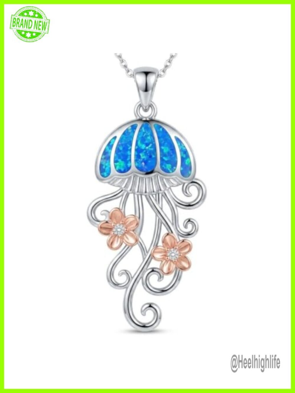 S925 Sterling Silver Blue Opal Jellyfish Pendant Necklace with Lab-Grown